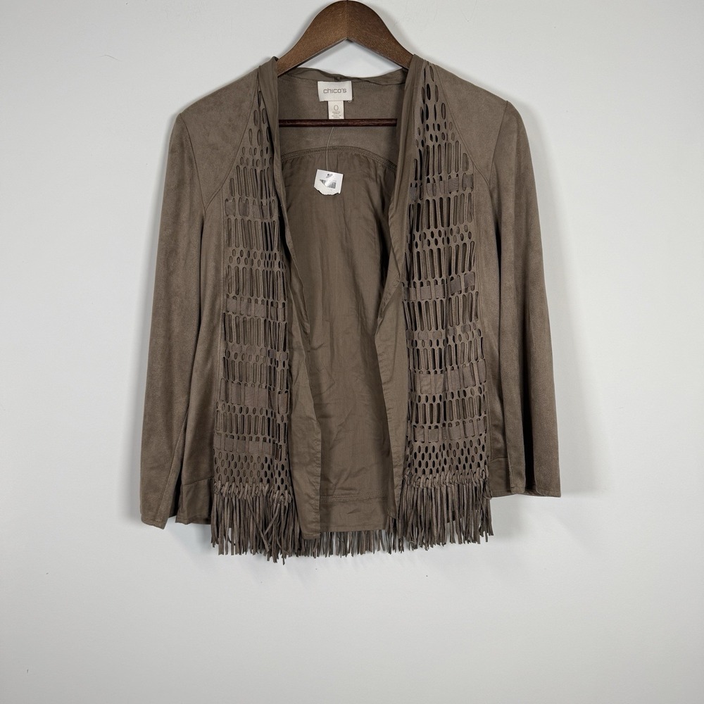 Chico's Women's Cardigan Jacket Open Front Fringe Brown Western Faux Seude Small